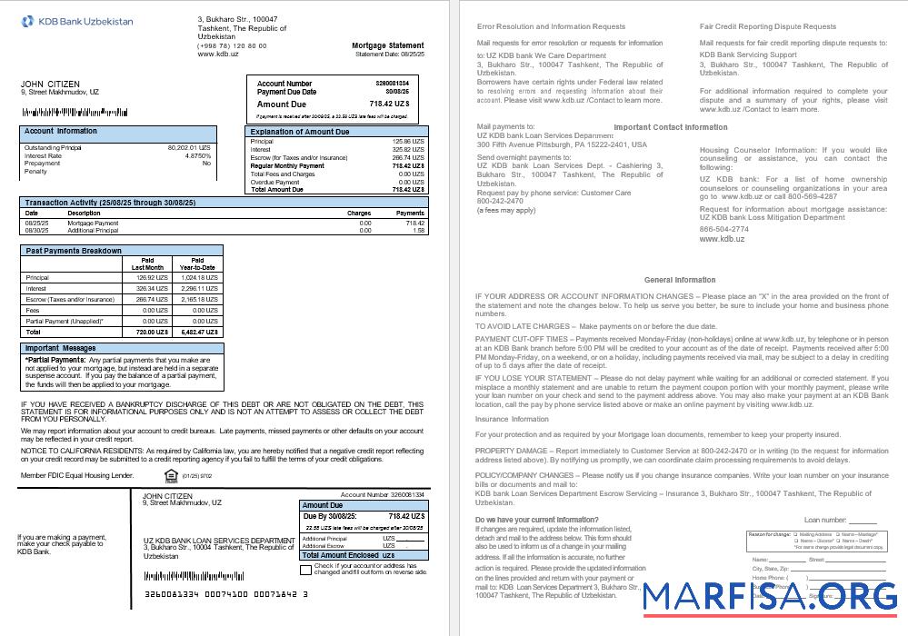 Realistic Uzbekistani KDB Bank mortgage statement in Word and PDF formats real example